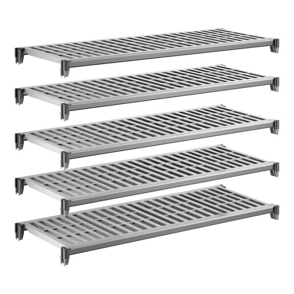A set of five vented gray shelving units designed for modular storage.