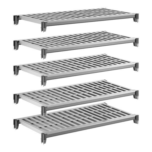 A set of five vented gray shelving units designed for modular storage.