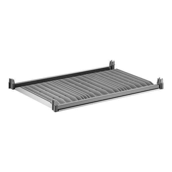 A vented plastic shelving kit with a rectangular frame and slotted surface.