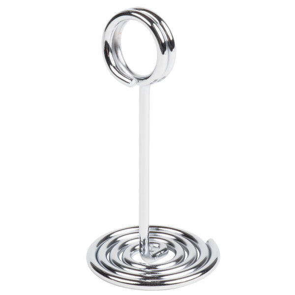 An American Metalcraft chrome swirl base card holder with a spiral design.