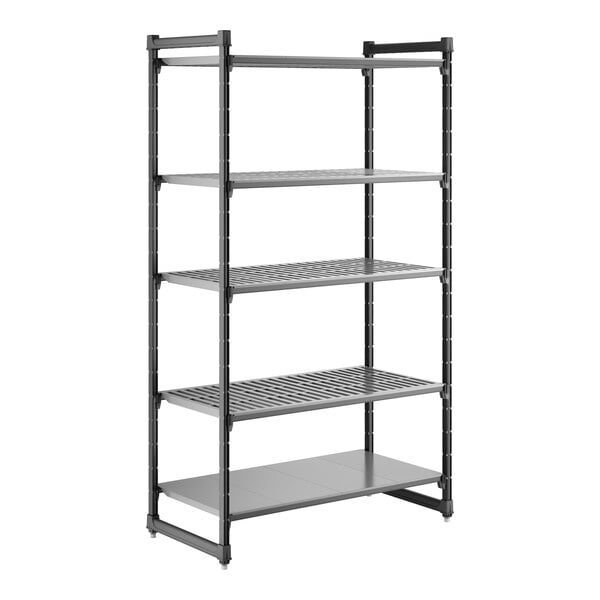 A tall, black stationary shelving unit with four vented shelves and one solid shelf.