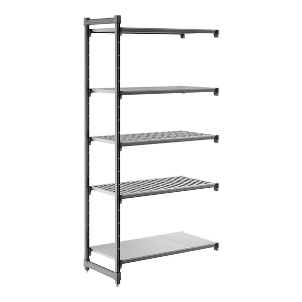 A tall, black shelving unit with four vented shelves and one solid shelf.