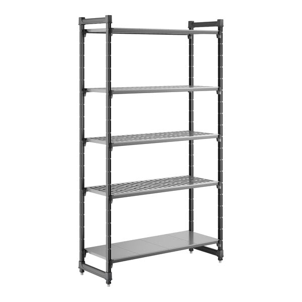 A tall, black stationary shelving unit with four vented shelves and one solid shelf.