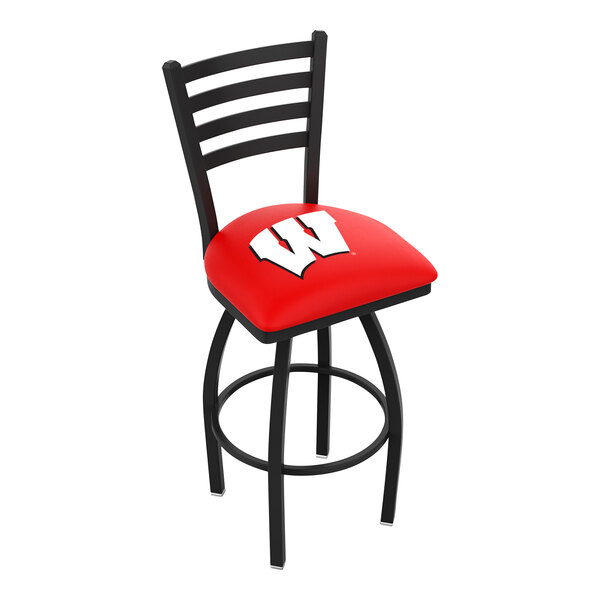 A black metal swivel bar stool with a ladder back and a red padded seat featuring the University of Wisconsin logo.
