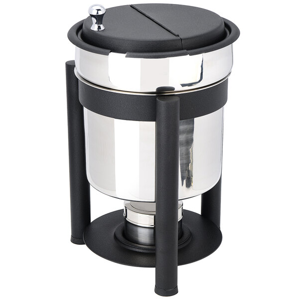 An Eastern Tabletop stainless steel soup marmite with black accents and fuel holder.