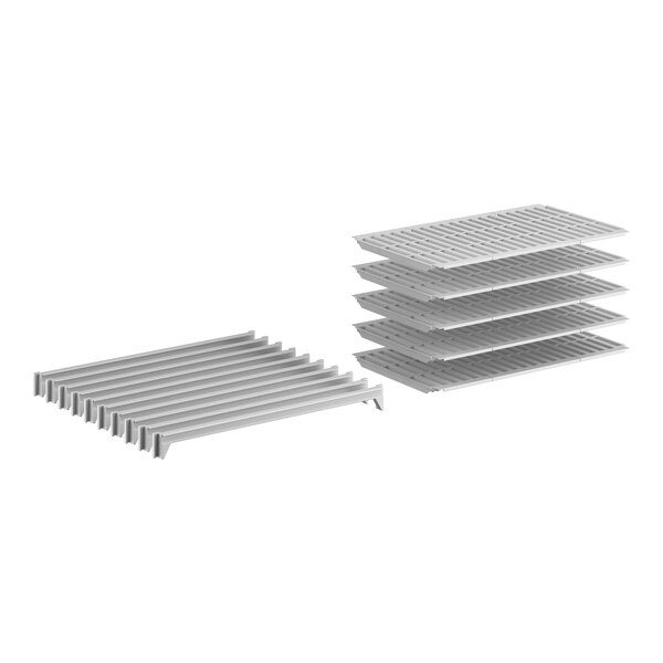 A stack of metal shelves with white plastic clips.