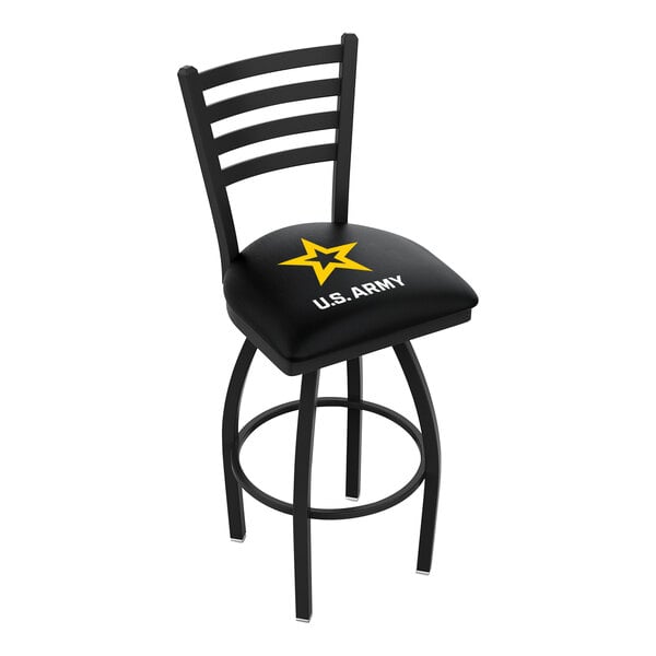 A black bar stool with a star on the padded seat.