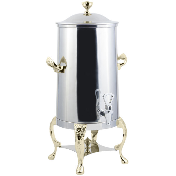 A Bon Chef stainless steel coffee chafer urn with brass trim.