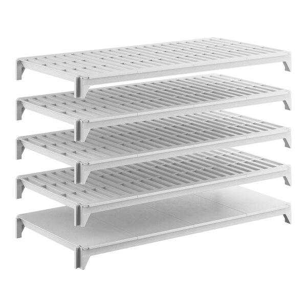 A set of five white shelving units, including one solid shelf and four vented shelves, designed for modular storage.