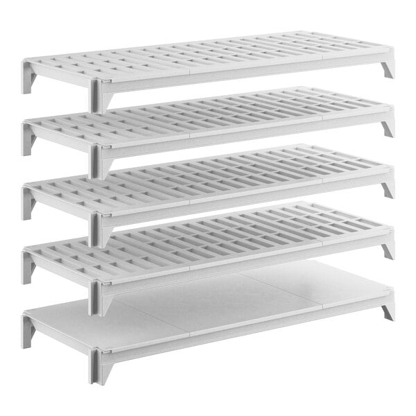 A set of five Cambro shelving units, including one solid and four vented shelves, designed for storage organization.