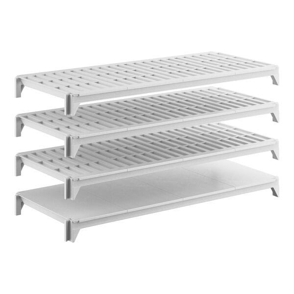 A white shelving kit with one solid shelf and three vented shelves, designed for storage organization.