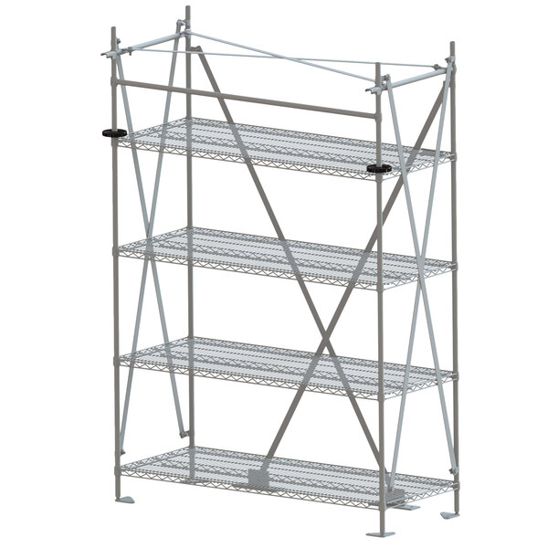 A Metro Super Erecta metal shelving unit with four shelves.