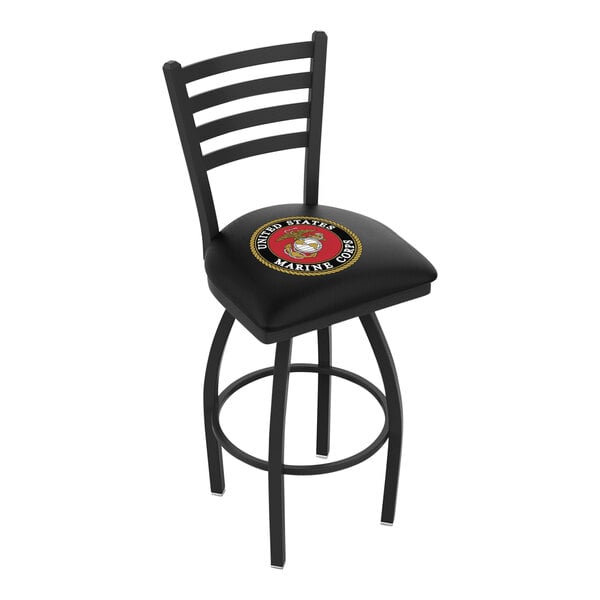 A black Holland Bar Stool with a United States Marine Corps logo on the padded seat and ladder back.