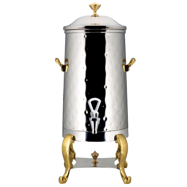 A Bon Chef stainless steel coffee chafer urn with brass trim.