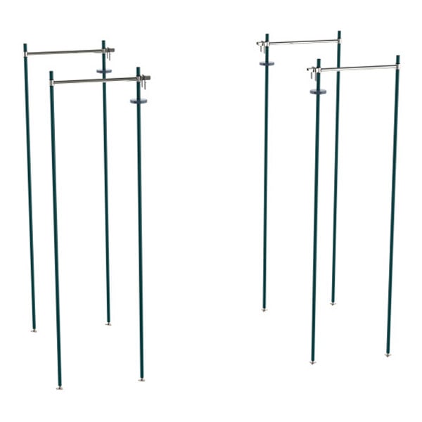 A set of four tall metal shelving unit frames with horizontal support bars, designed for stationary end shelving.