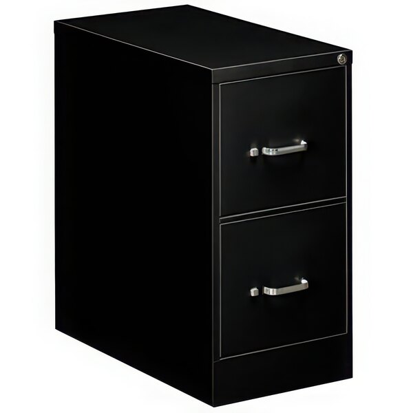 A black Alera two-drawer filing cabinet with silver handles.