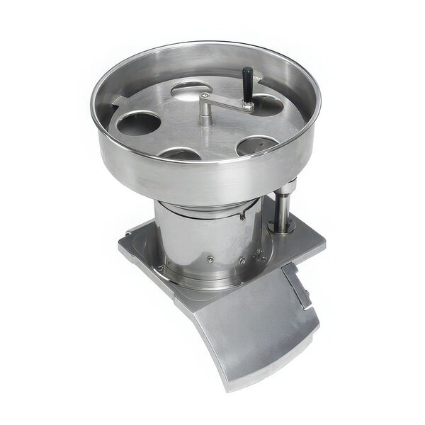 A stainless steel bowl with a lid on top attached to a Sammic Automatic Hopper.