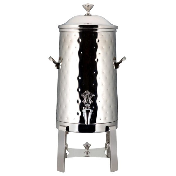 A Bon Chef stainless steel coffee chafer urn with a lid and chrome trim.