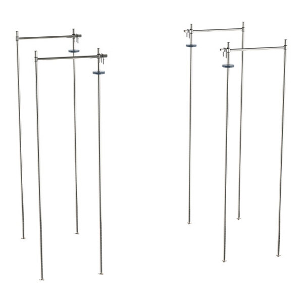 A set of stainless steel stationary end shelving units with vertical and horizontal support bars.