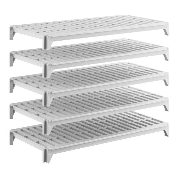 A set of five vented plastic shelving units designed for modular storage.