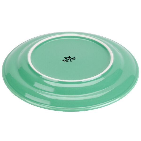 A close-up of a Tuxton Concentrix cilantro green plate with a white rim.