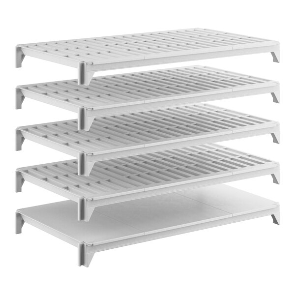 A five-shelf kit with one solid and four vented plastic shelves designed for storage and organization.