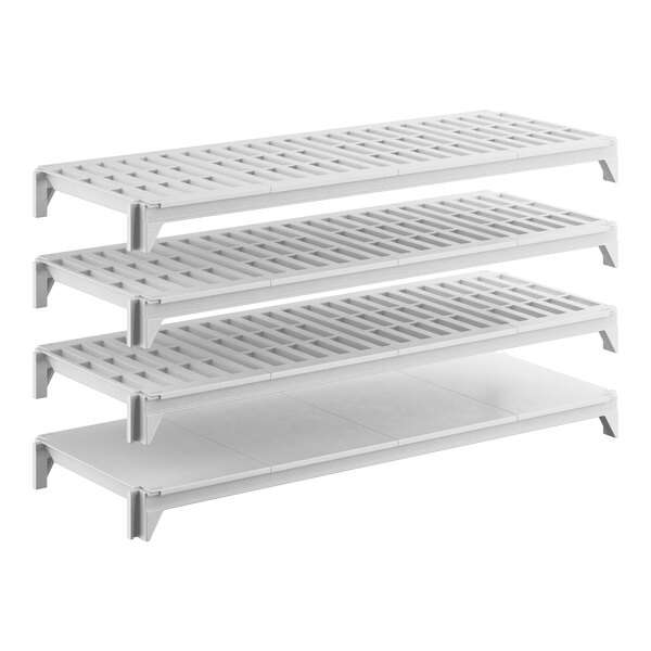 A white shelving kit with one solid shelf and three vented shelves, designed for storage and organization.