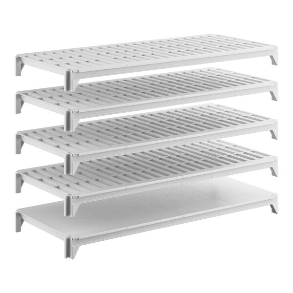 A white shelving kit with one solid shelf and four vented shelves designed for storage.