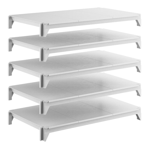 A set of five solid white shelving units designed for storage and organization.