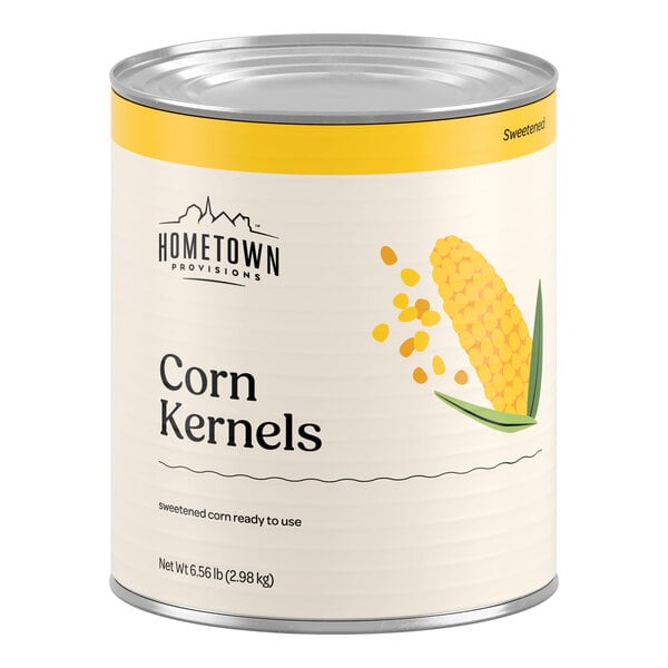 A large metal can with a yellow and white label featuring an illustration of corn on the cob and the text 'Corn Kernels' and 'Hometown Provisions.'