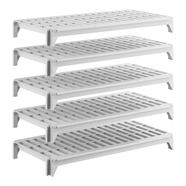 A set of five vented plastic shelving units designed for modular storage.