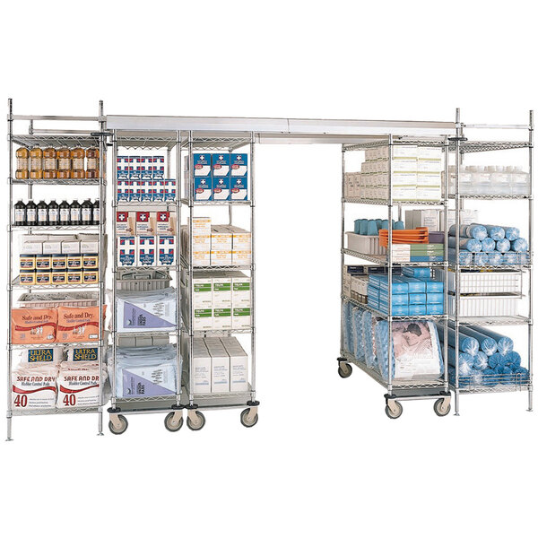 Metro Super Erecta metal top-track for a large metal shelving unit.
