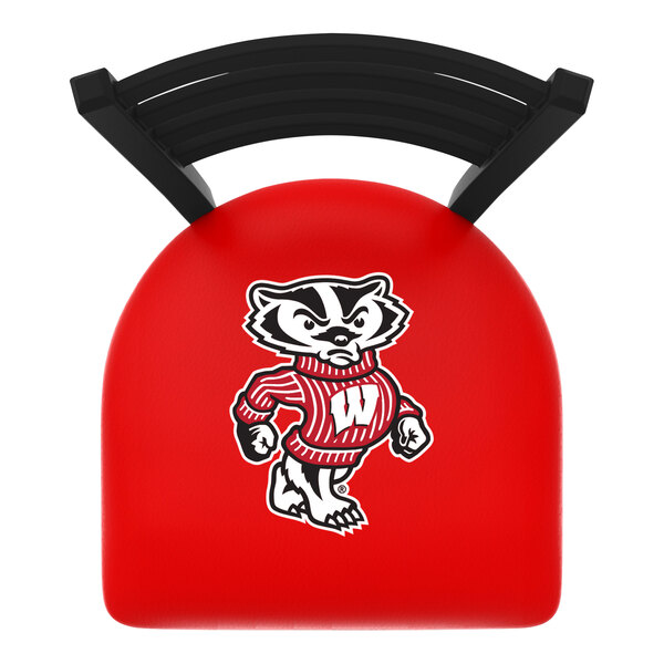 A red padded swivel stool with a black ladder back and the University of Wisconsin mascot on the seat.