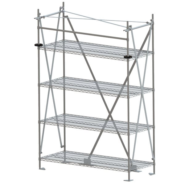 A Metro Super Erecta stationary shelving unit with four shelves.