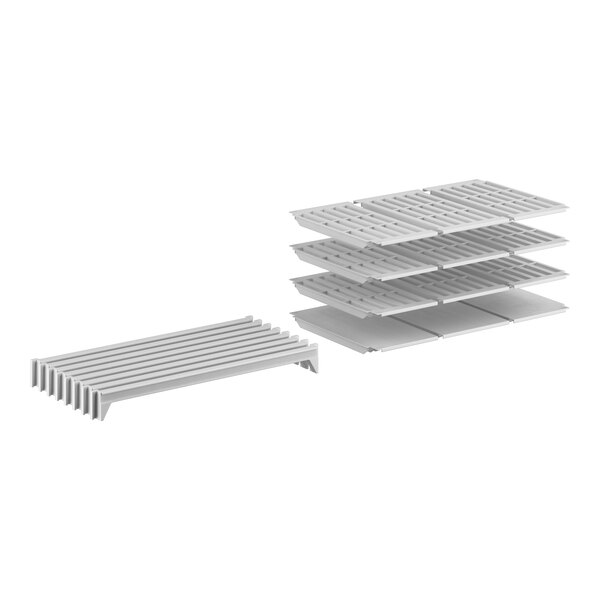 A white rectangular metal shelf with one solid and three vented white shelves.