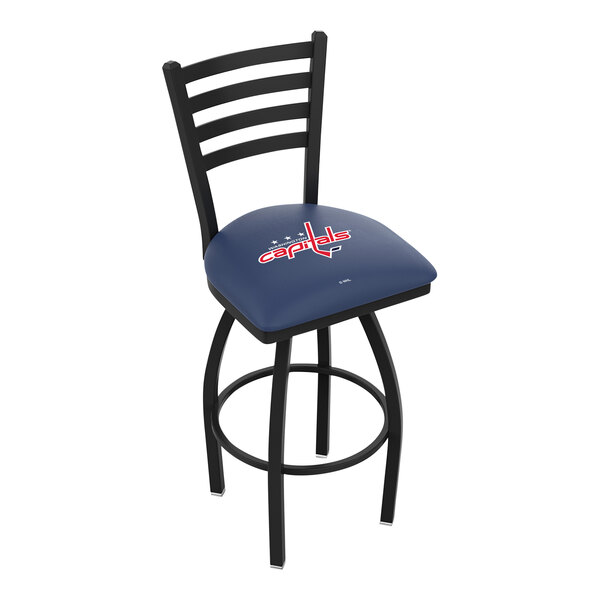 A black swivel bar stool with a ladder back and a padded seat featuring the Washington Capitals logo.