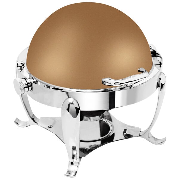 A round metal container with a bronze-coated roll top lid.