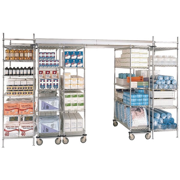 A large metal Metro Top-Track shelving unit with many shelves.
