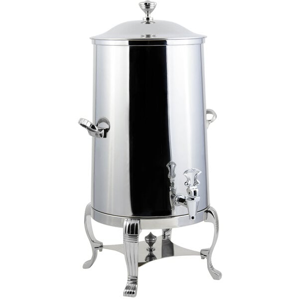 A Bon Chef stainless steel coffee chafer urn with a lid and chrome trim.