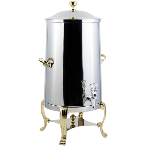 A Bon Chef stainless steel coffee chafer urn with brass trim.