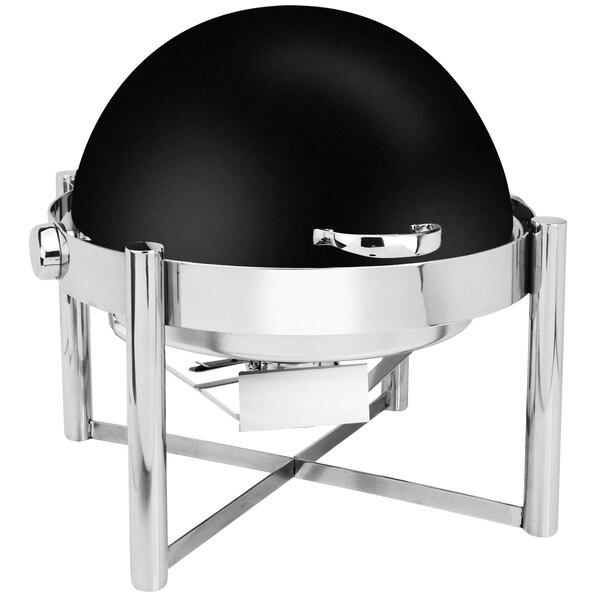 An Eastern Tabletop black and silver round chafer on a table with a roll top lid.