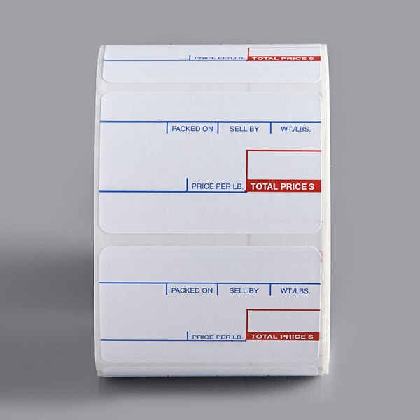 A roll of Cardinal Detecto pre-printed thermal labels with white labels and red and blue stripes.