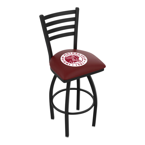 A black and red Holland Bar Stool with Indian Motorcycle logo on the padded seat and ladder back.