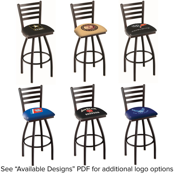 A black restaurant bar stool with a logo on the back and a black cushion.