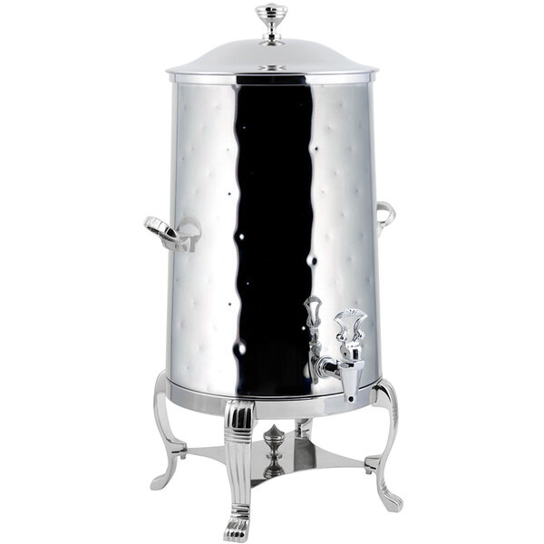 A Bon Chef stainless steel coffee chafer urn with chrome trim and a lid.