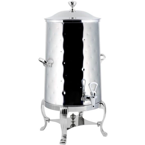 A Bon Chef stainless steel coffee chafer urn with chrome trim and a lid.