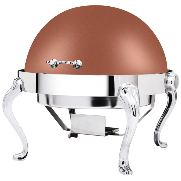 A Queen Anne round copper coated stainless steel chafing dish with chrome legs.