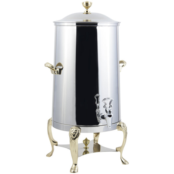 A Bon Chef stainless steel coffee chafer urn with brass trim.