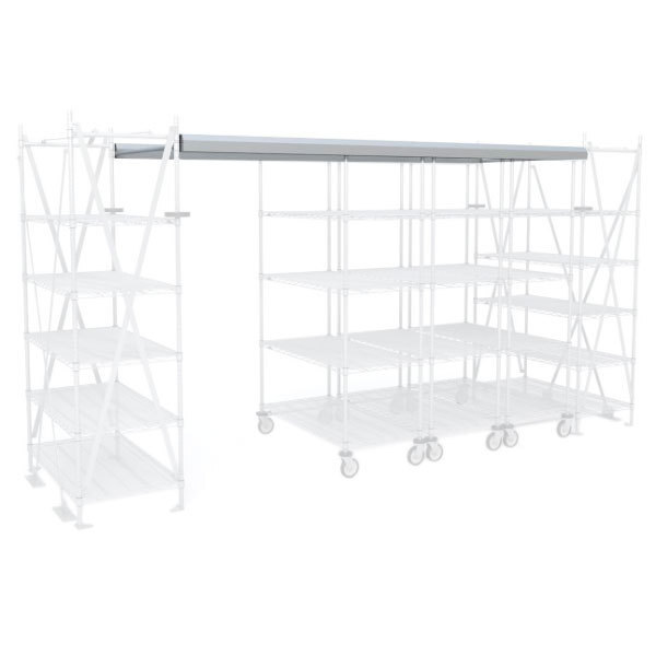 A white metal Metro shelving top track.
