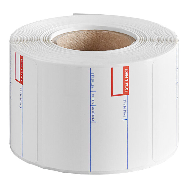 A roll of rectangular white labels with blue and red pre-printed sections and text, wound around a cardboard core.